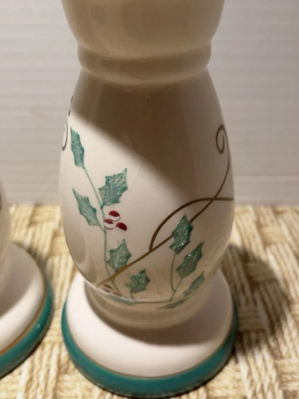 Pair Christmas Holly Ceramic Candlestick Holders 8” Teal Gold Red Berries